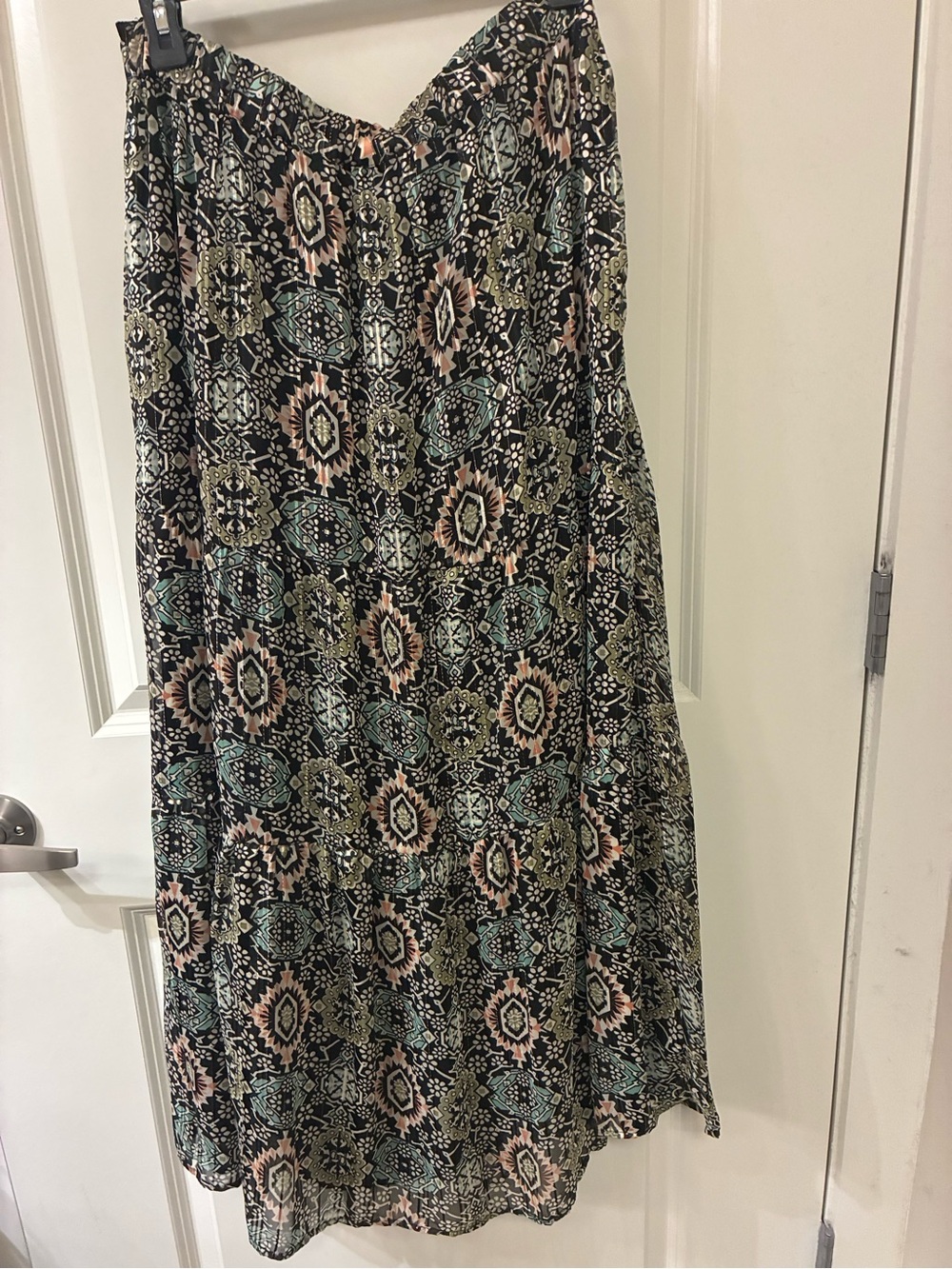 Molly Bracken Black Maxi Skirt with Teal and Blush Medallion Print